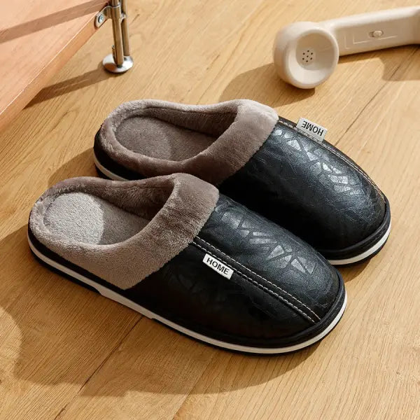 Men’s PU Leather Winter Slippers – Waterproof Fur-Lined Indoor Cotton House Shoes Large Sizes - black / 48-49(fit 47-48)