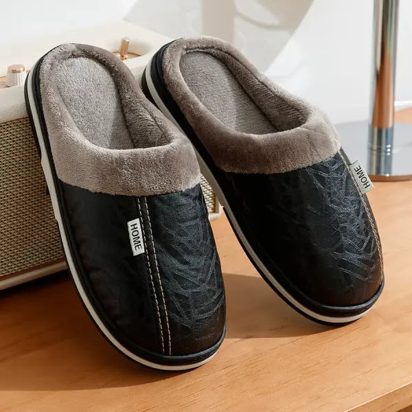Men’s PU Leather Winter Slippers – Waterproof Fur-Lined Indoor Cotton House Shoes Large Sizes