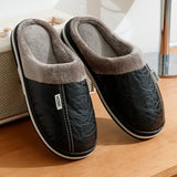 Men’s PU Leather Winter Slippers – Waterproof Fur-Lined Indoor Cotton House Shoes Large Sizes
