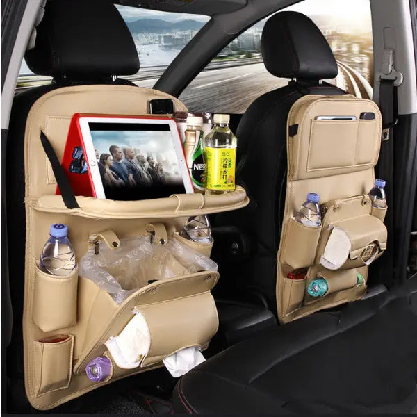 PU Leather Car Storage Hanging Bag with Tissue Box and Tray - Beige