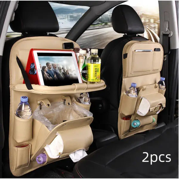 PU Leather Car Storage Hanging Bag with Tissue Box and Tray - Beige 2pcs