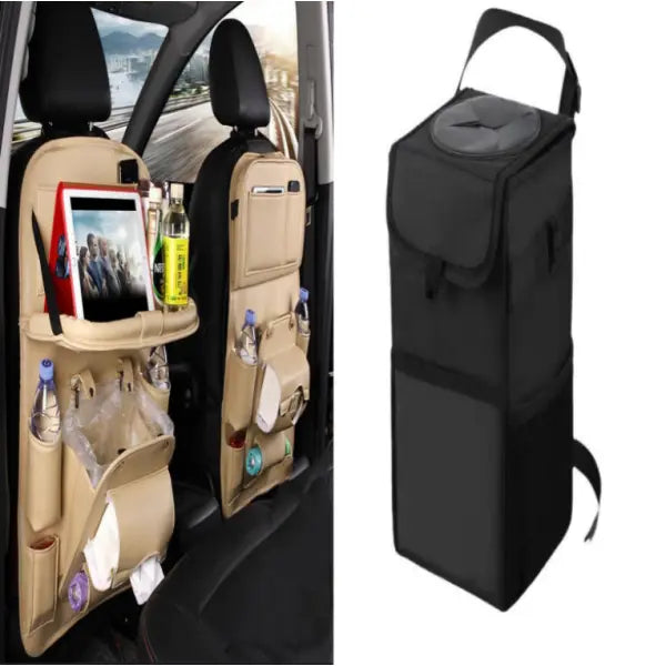 PU Leather Car Storage Hanging Bag with Tissue Box and Tray - Beige set1