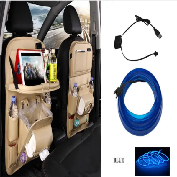 PU Leather Car Storage Hanging Bag with Tissue Box and Tray - Beige set2