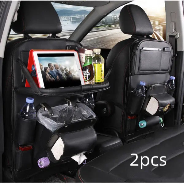PU Leather Car Storage Hanging Bag with Tissue Box and Tray - Black 2pcs