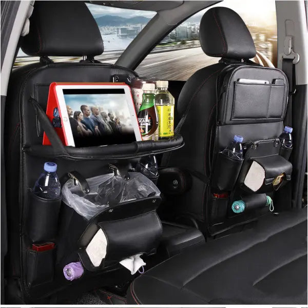 PU Leather Car Storage Hanging Bag with Tissue Box and Tray - Black