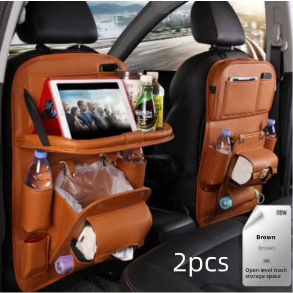 PU Leather Car Storage Hanging Bag with Tissue Box and Tray - Brown 2pcs
