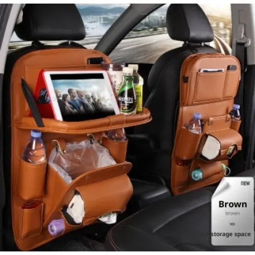 PU Leather Car Storage Hanging Bag with Tissue Box and Tray - Brown