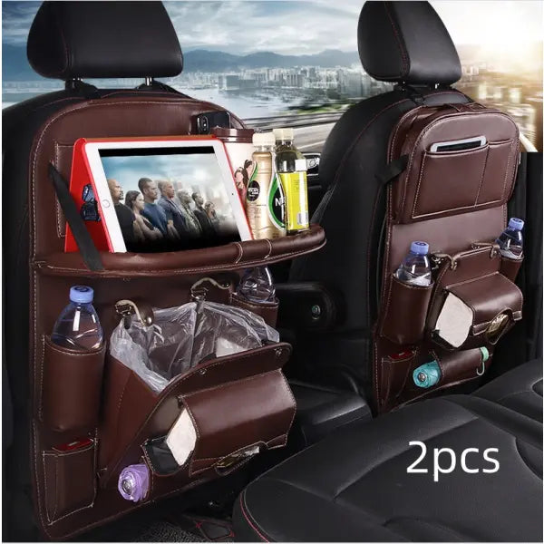 PU Leather Car Storage Hanging Bag with Tissue Box and Tray - Coffee 2pcs