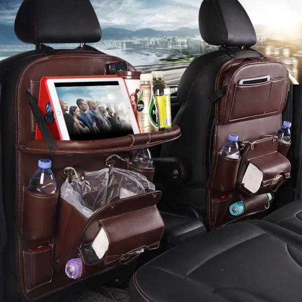 PU Leather Car Storage Hanging Bag with Tissue Box and Tray - Coffee