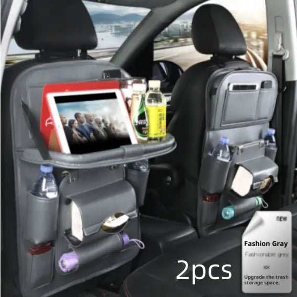 PU Leather Car Storage Hanging Bag with Tissue Box and Tray - Grey 2pcs
