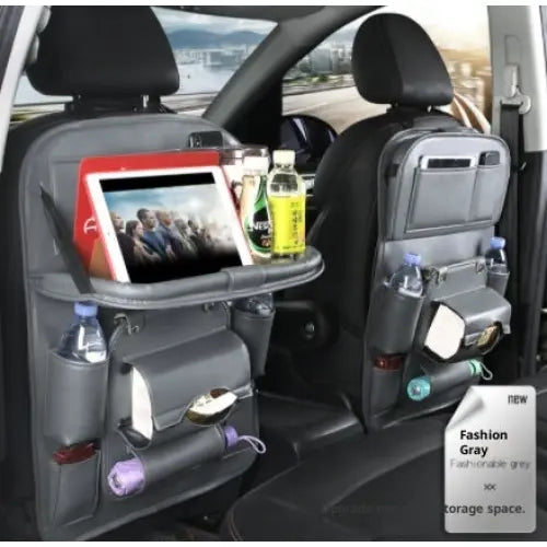 PU Leather Car Storage Hanging Bag with Tissue Box and Tray - Grey