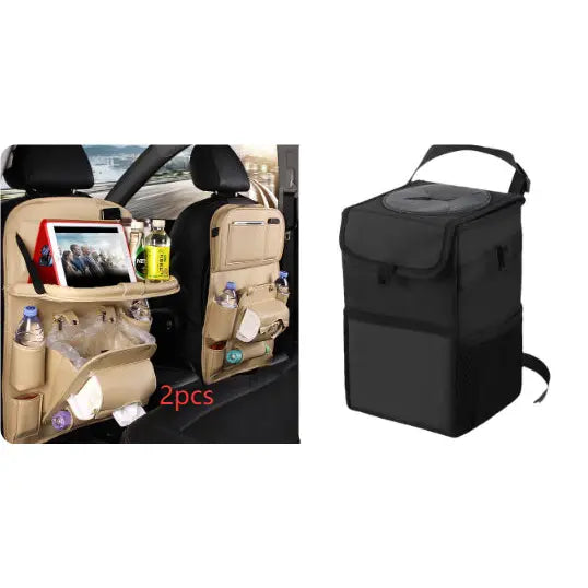 PU Leather Car Storage Hanging Bag with Tissue Box and Tray - Set1