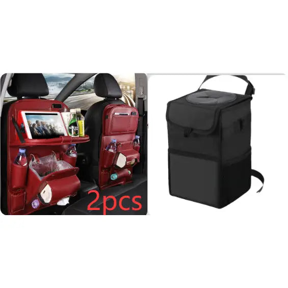 PU Leather Car Storage Hanging Bag with Tissue Box and Tray - Set2