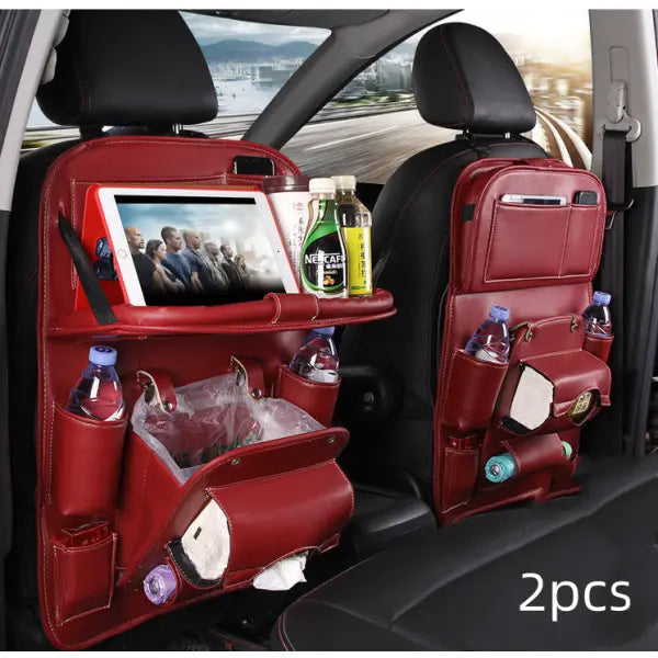 PU Leather Car Storage Hanging Bag with Tissue Box and Tray - Wine red 2pcs