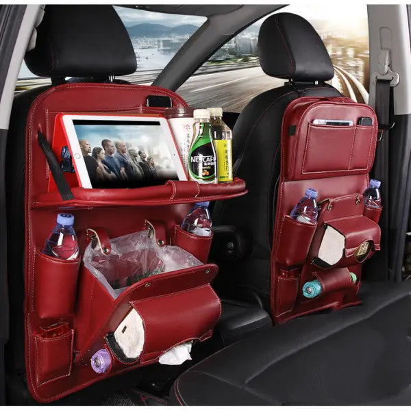 PU Leather Car Storage Hanging Bag with Tissue Box and Tray - Wine red
