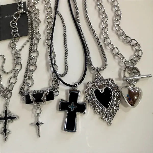 Black Heart Cross Pendant Chain Necklace for Unisex Goth Fashion