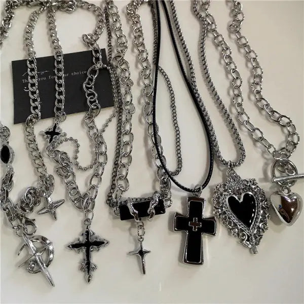 Black Heart Cross Pendant Chain Necklace for Unisex Goth Fashion