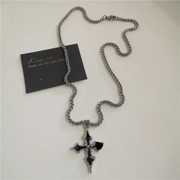 Black Heart Cross Pendant Chain Necklace for Unisex Goth Fashion - 12