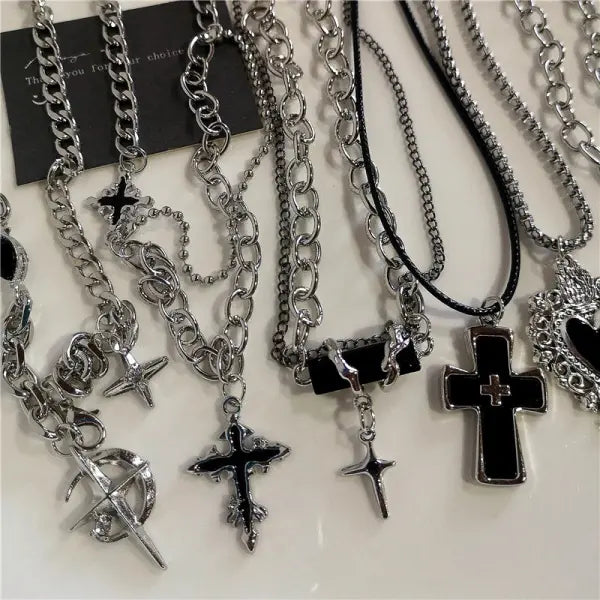 Black Heart Cross Pendant Chain Necklace for Unisex Goth Fashion
