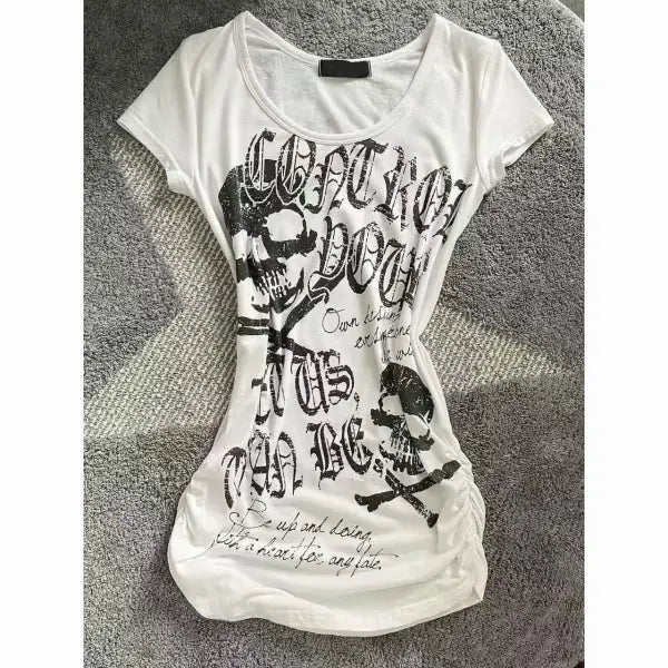 Women’s Y2K Vintage Punk Skull Print T-Shirt – 2000s Gothic Aesthetic Crop Top Slim Fit K-Pop Streetwear Harajuku