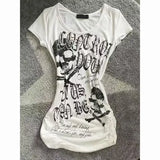 Women’s Y2K Vintage Punk Skull Print T-Shirt – 2000s Gothic Aesthetic Crop Top Slim Fit K-Pop Streetwear Harajuku