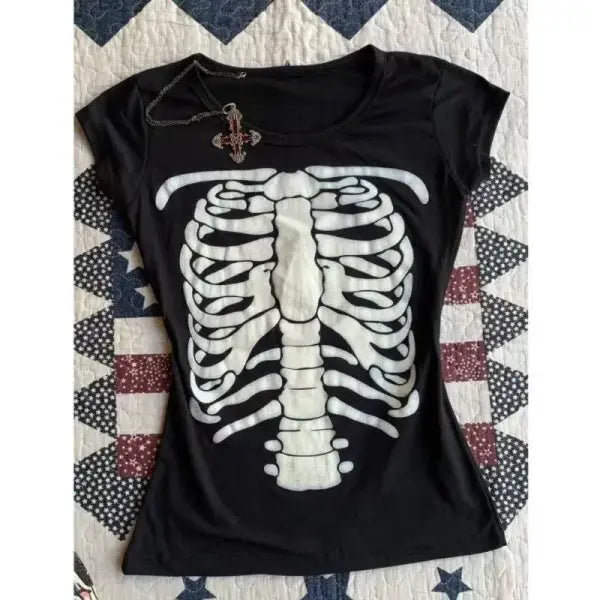 Women’s Y2K Vintage Punk Skull Print T-Shirt – 2000s Gothic Aesthetic Crop Top Slim Fit K-Pop Streetwear Harajuku