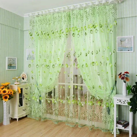 Purple Peony Floral Tulle Sheer Curtains - Elegant Window Treatment for Living Room & Bedroom - Green 100x200cm