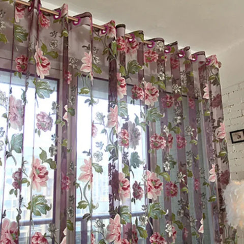 Purple Peony Floral Tulle Sheer Curtains - Elegant Window Treatment for Living Room & Bedroom