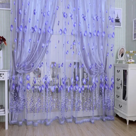 Purple Peony Floral Tulle Sheer Curtains - Elegant Window Treatment for Living Room & Bedroom