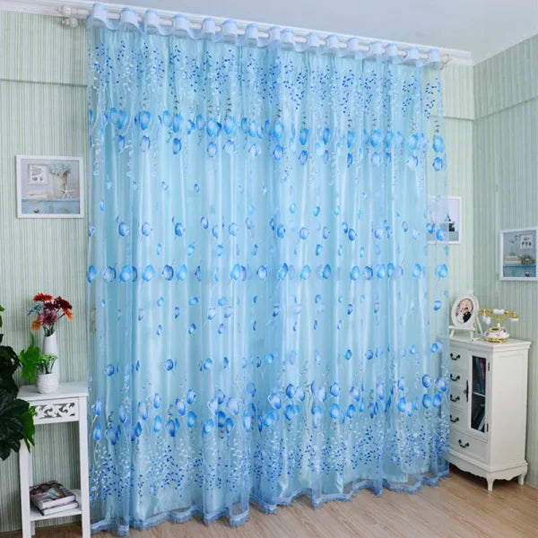 Purple Peony Floral Tulle Sheer Curtains - Elegant Window Treatment for Living Room & Bedroom - Blue 100x200cm