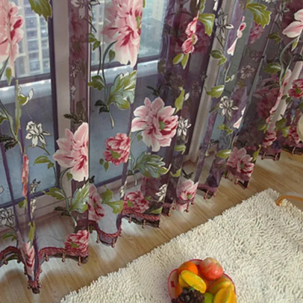 Purple Peony Floral Tulle Sheer Curtains - Elegant Window Treatment for Living Room & Bedroom