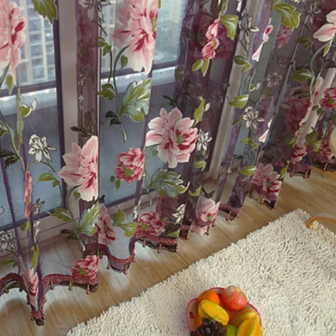 Purple Peony Floral Tulle Sheer Curtains - Elegant Window Treatment for Living Room & Bedroom