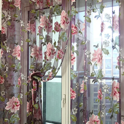 Purple Peony Floral Tulle Sheer Curtains - Elegant Window Treatment for Living Room & Bedroom