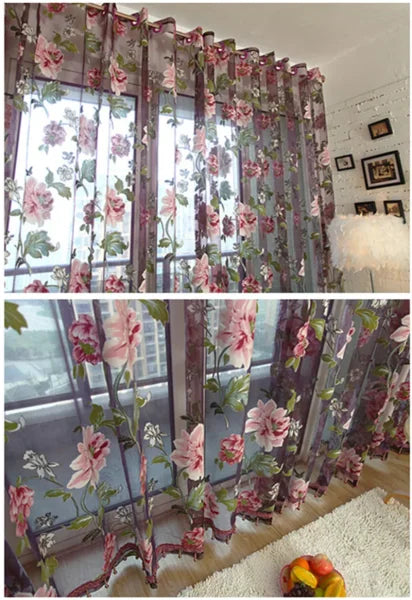 Purple Peony Floral Tulle Sheer Curtains - Elegant Window Treatment for Living Room & Bedroom