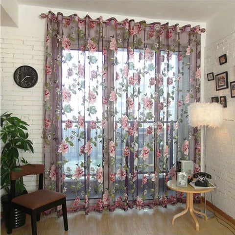 Purple Peony Floral Tulle Sheer Curtains - Elegant Window Treatment for Living Room & Bedroom - Purple 100x200cm
