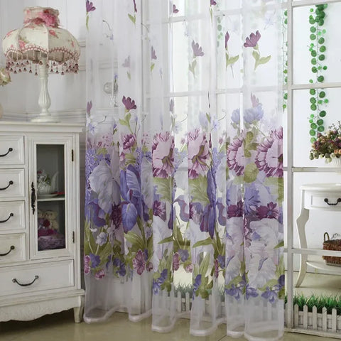 Purple Peony Floral Tulle Sheer Curtains - Elegant Window Treatment for Living Room & Bedroom - Purple 140x240cm