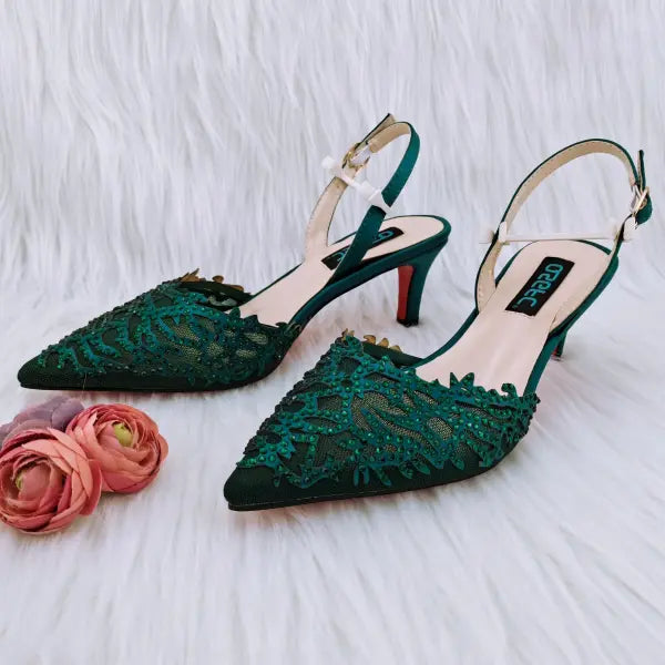 Mesh Coral Pattern Pointed High Heels Plush Daily Wear - ONLY SHOES GREEN / 39 / China Mainland