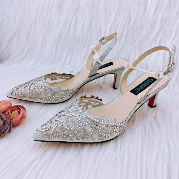 Mesh Coral Pattern Pointed High Heels Plush Daily Wear - ONLY SHOES SILVER / 39 / China Mainland