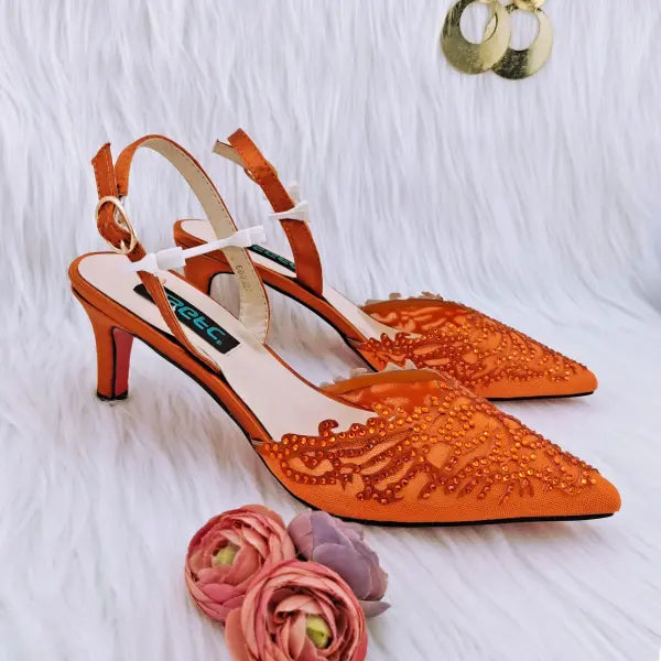Mesh Coral Pattern Pointed High Heels Plush Daily Wear - ONLY SHOES ORANGE / 41 / China Mainland