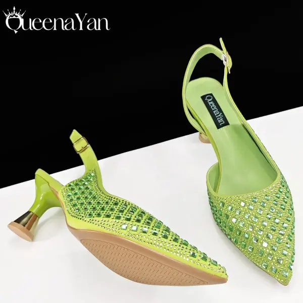 Queena Yan Italian Design Pointed Toe Heels Green Party Shoes