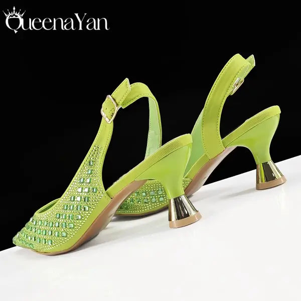 Queena Yan Italian Design Pointed Toe Heels Green Party Shoes