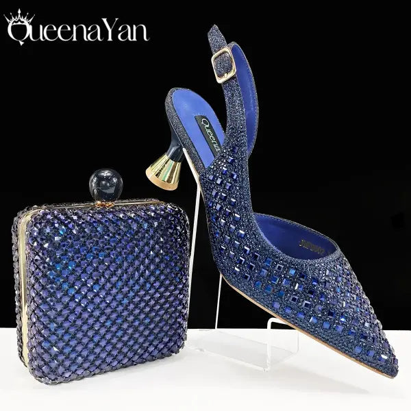 Queena Yan Italian Design Pointed Toe Heels Green Party Shoes - Navy Blue / 43 / China Mainland