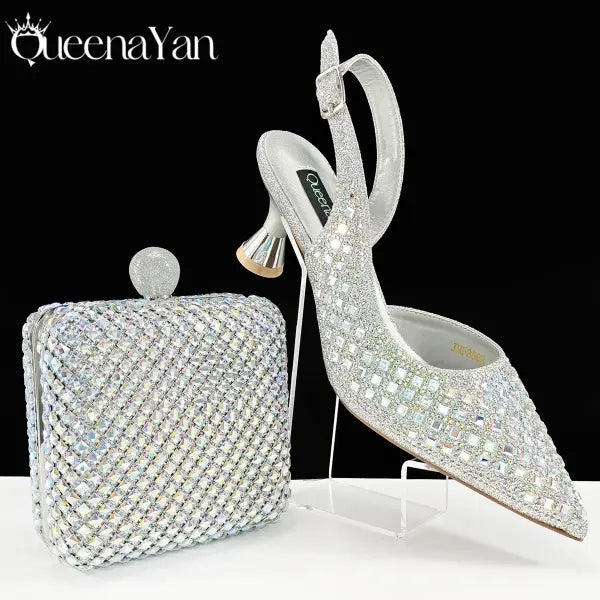 Queena Yan Italian Design Pointed Toe Heels Green Party Shoes - Silver / 41 / China Mainland