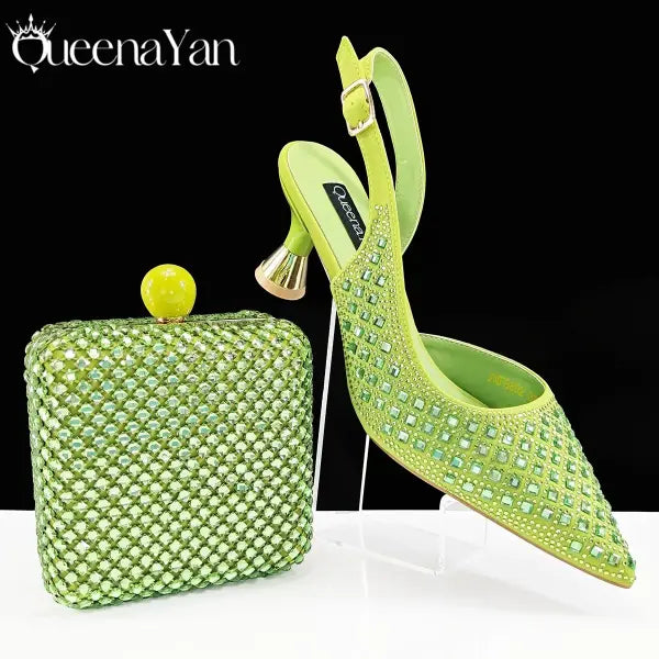 Queena Yan Italian Design Pointed Toe Heels Green Party Shoes - Green / 38 / China Mainland