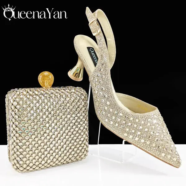 Queena Yan Italian Design Pointed Toe Heels Green Party Shoes - Gold / 38 / China Mainland