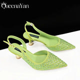 Queena Yan Italian Design Pointed Toe Heels Green Party Shoes