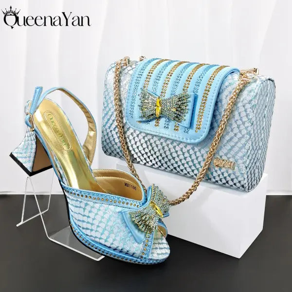 Sky Blue Peep Toe Heels Handbag Set Square Heel Wedding