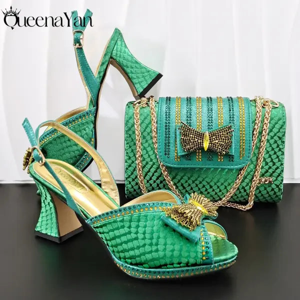 Sky Blue Peep Toe Heels Handbag Set Square Heel Wedding - Green / 38 / China Mainland