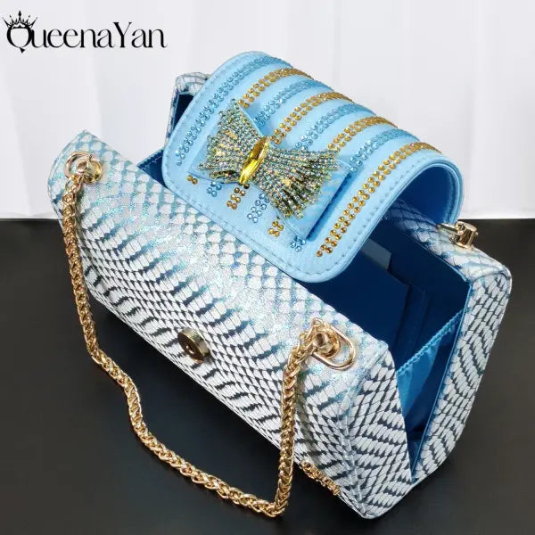 Sky Blue Peep Toe Heels Handbag Set Square Heel Wedding