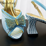 Sky Blue Peep Toe Heels Handbag Set Square Heel Wedding